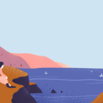 Illustration einer Person, an einer Küste sitzend
