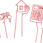 Illustration von 3 Händen. Eine hält einen Wohnungsschlüssel, eine ein kleines Miniaturhaus und die Dritte einen Taschenrechner.