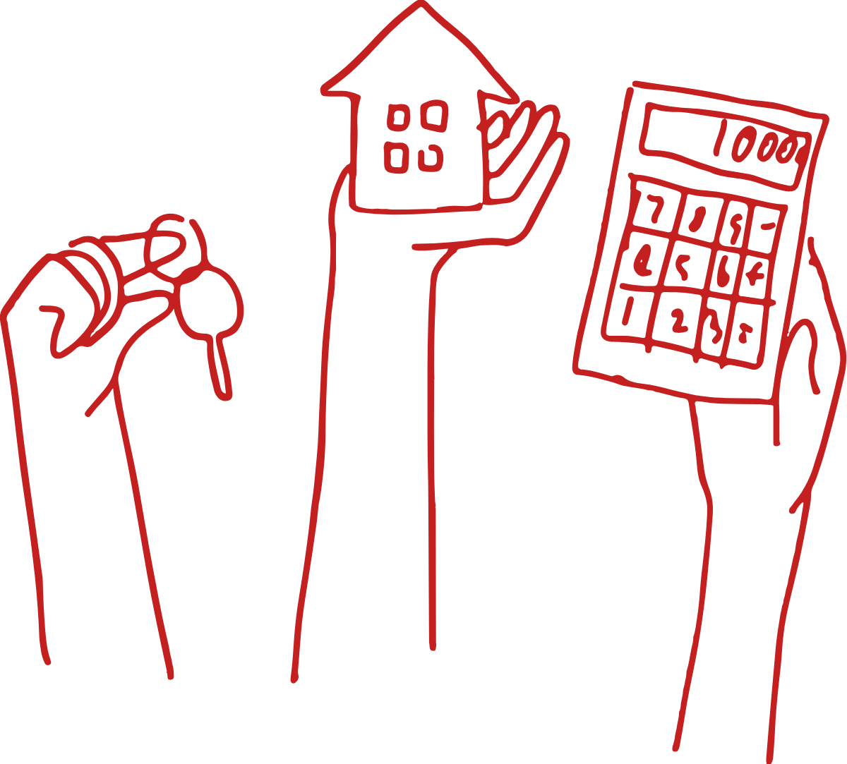 Illustration von 3 Händen. Eine hält einen Wohnungsschlüssel, eine ein kleines Miniaturhaus und die Dritte einen Taschenrechner.