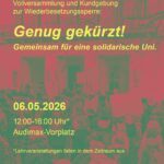 Flyer: Vollversammlung und Kundgebung zur Wiederbesetzungssperre: Genug gekürzt! Gemeinsam für eine solidarische Uni.