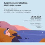 Grafik zur Veranstaltung „Zusammen geht’s leichter: BAföG-Hilfe vor Ort“. Die BAföG-Beratung des AStA unterstützt kostenlos beim BAföG-Antrag. Termin: 29.06.2026, 13:00–17:00 Uhr, Digitales Lernlabor der Universitätsbibliothek Kiel, Leibnizstr. 9, 24118 Kiel. Kommen und Gehen ist jederzeit möglich.